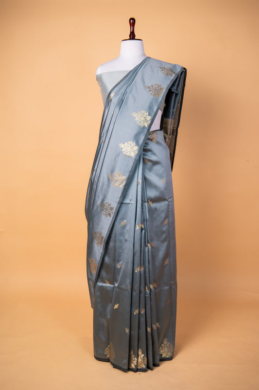 Banarasi Grey Paper Silk Saree with Golden Floral Zari Work