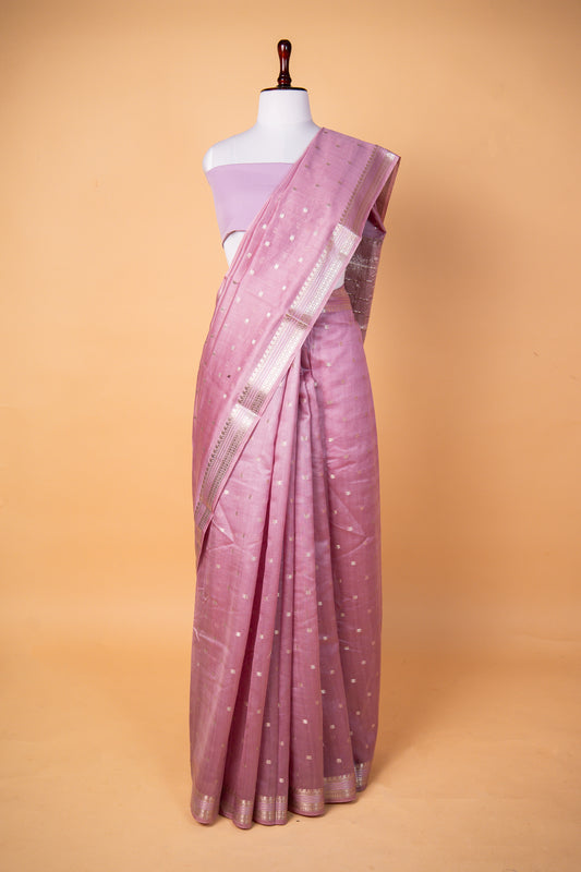 Banarasi Pink Pure Cotton Silk Saree with Silver Zari Buti Work