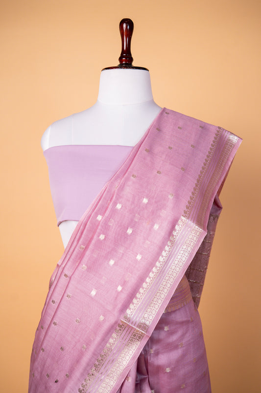 Banarasi Pink Pure Cotton Silk Saree with Silver Zari Buti Work