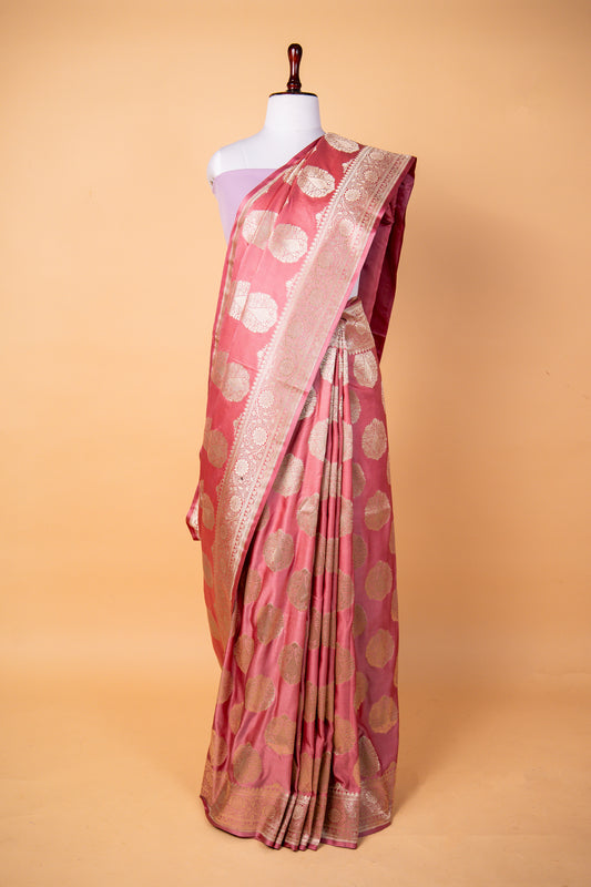Royal Pink Pure Banarasi Mashru Silk Saree with Rich Golden Zari Buti Work