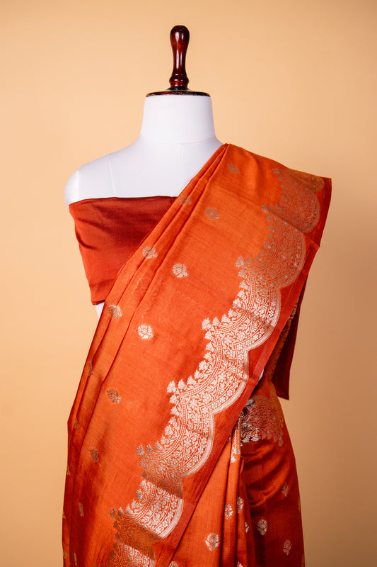 Banarasi Elegant Orange Chiniya Silk Saree with Silver Zari Floral Border