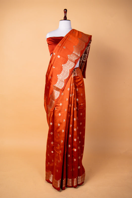 Banarasi Elegant Orange Chiniya Silk Saree with Silver Zari Floral Border