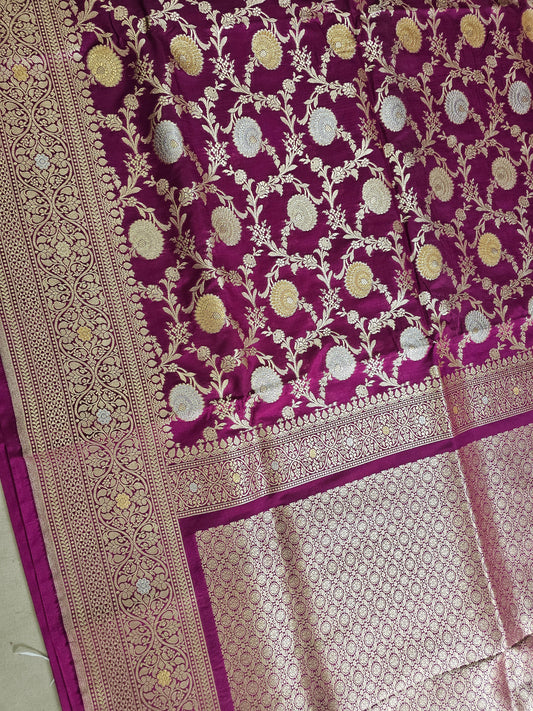 Regal Deep Magenta Mashru Silk Banarasi Saree with Silver-Gold Zari Floral Bootis and Brocade Pallu