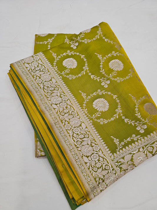 Banarasi Olive Green Mashru Silk Saree with Elegant Silver Zari Floral Weaving