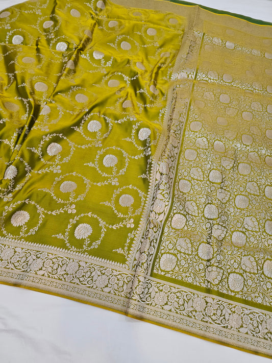 Banarasi Olive Green Mashru Silk Saree with Elegant Silver Zari Floral Weaving