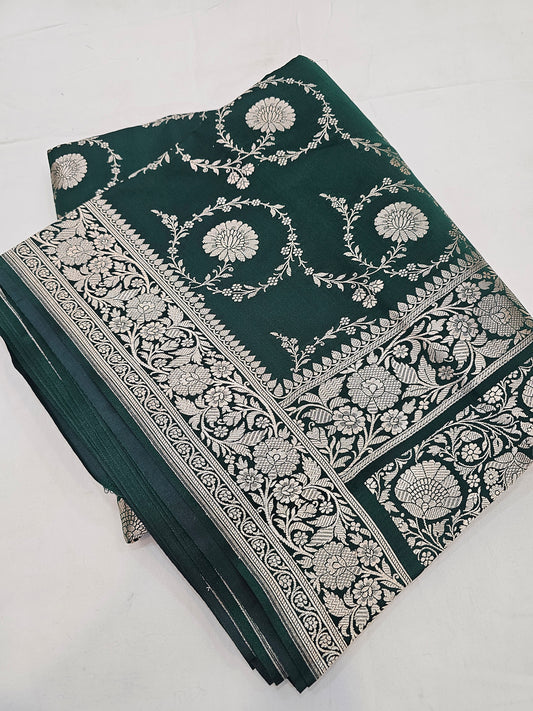 Banarasi Royal Emerald Mashru Silk Saree with Silver Zari Floral Weaving