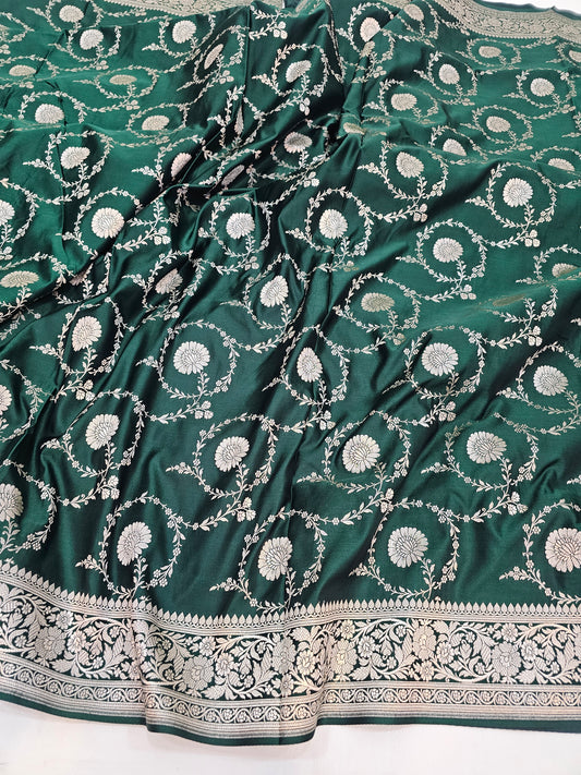 Banarasi Royal Emerald Mashru Silk Saree with Silver Zari Floral Weaving