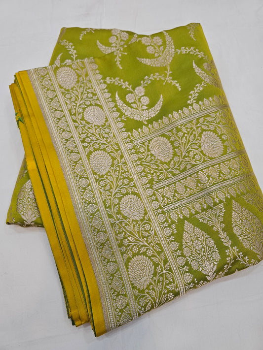 Pure Banarasi Luxury Lime Green Mashru Silk Saree with Silver Zari Weaving