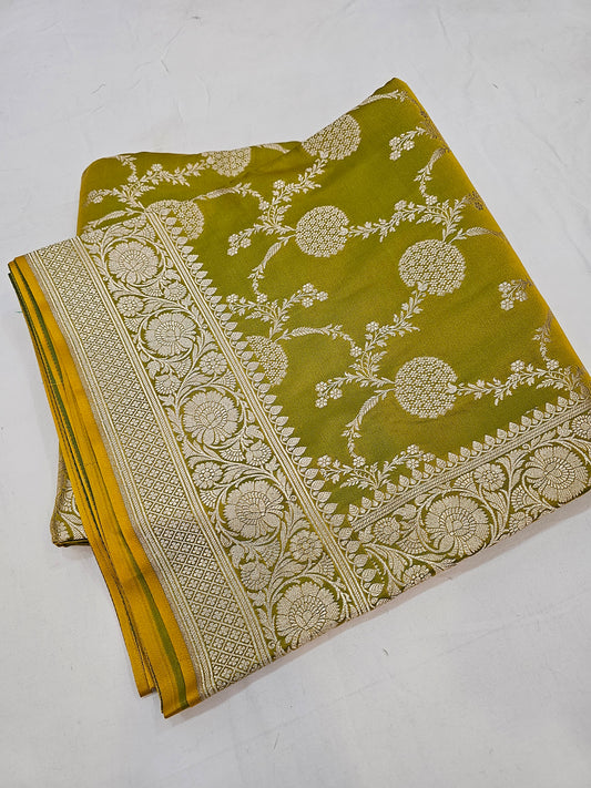 Banarasi Olive Green Mashru Silk Saree with Silver Zari Floral Weaving