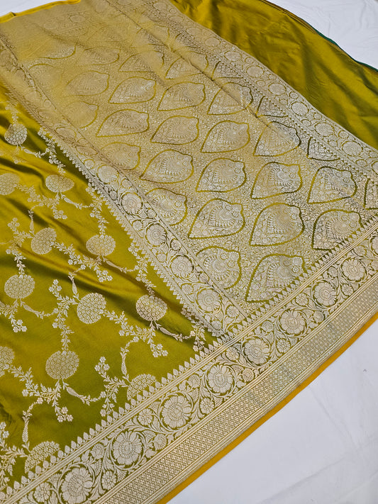 Banarasi Olive Green Mashru Silk Saree with Silver Zari Floral Weaving
