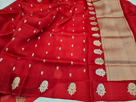 Banarasi Pure Handloom Organza Silk Saree in Crimson Red with Silver Zari Buttas & Rich Woven Pallu