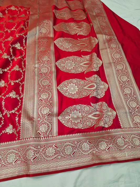 Banarasi Red  Mashru Silk Saree with Silver Zari Floral Weaving
