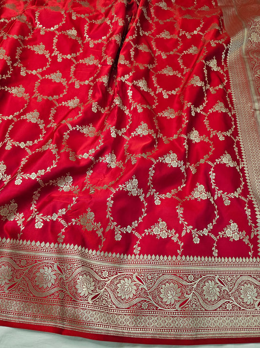 Banarasi Red  Mashru Silk Saree with Silver Zari Floral Weaving