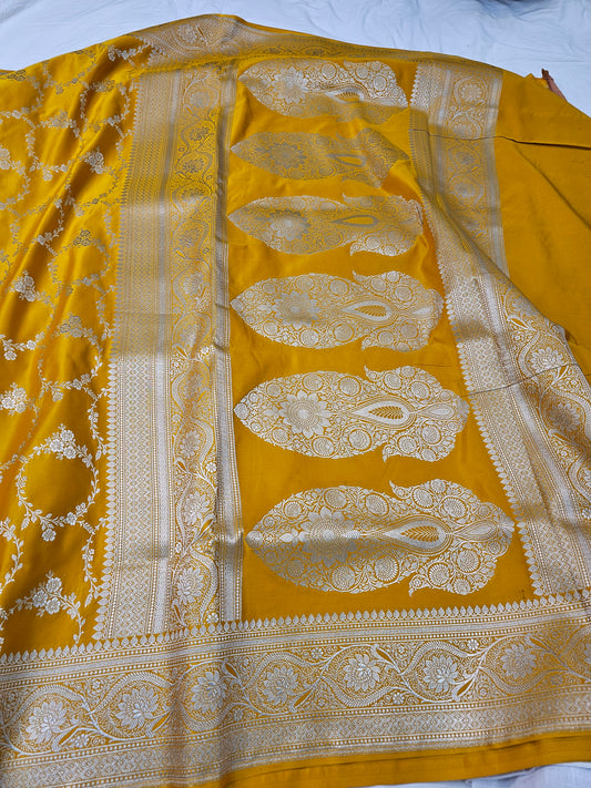 Banarasi Musterd Yellow Mashru Silk Saree with Silver Zari Floral Weaving