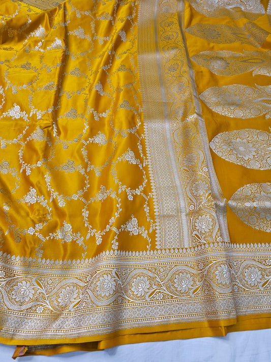 Banarasi Musterd Yellow Mashru Silk Saree with Silver Zari Floral Weaving