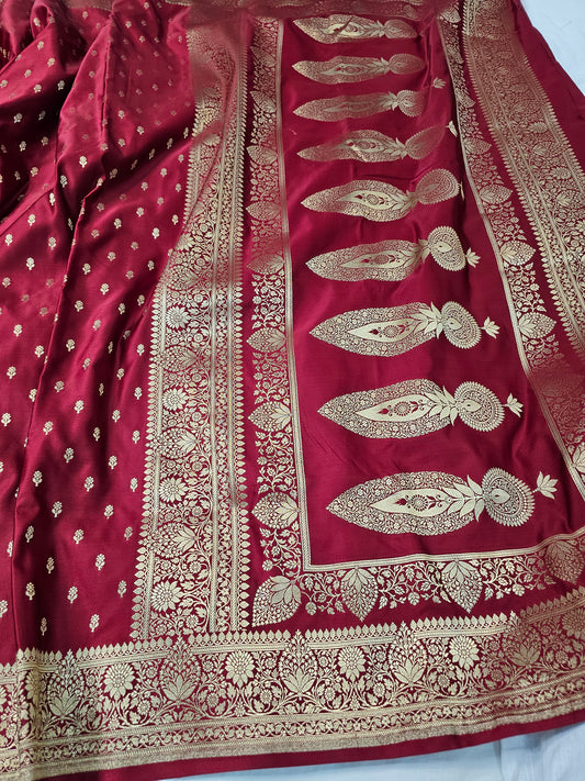 Deep Maroon Pure Banarasi Mashru Silk Saree with Silver Paisley Motifs
