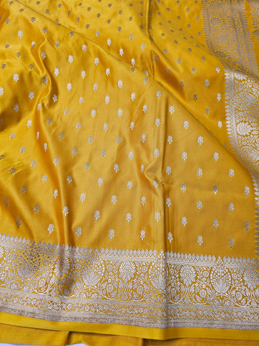Banarasi Musterd Yellow Mashru Silk Saree with Silver Zari Floral Weaving