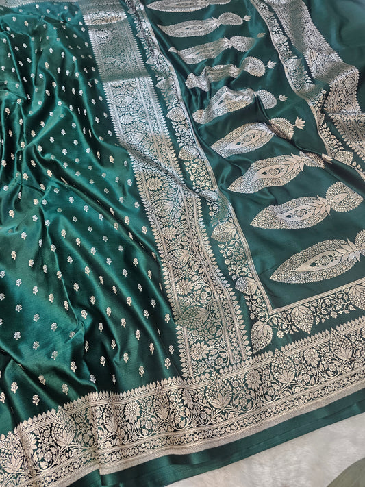 Banarasi Emerald Green Mashru Silk Saree with Silver Zari Buttis & Royal Paisley Pallu