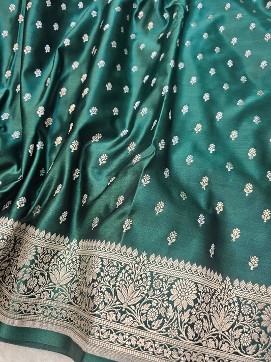 Banarasi Emerald Green Mashru Silk Saree with Silver Zari Buttis & Royal Paisley Pallu