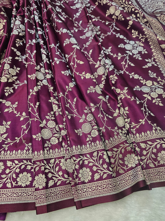 Banarasi Elegant Magenta Mashru Silk Saree with Silver Zari Floral Weaving