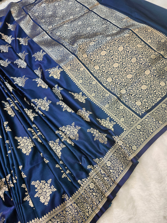 Royal Deep Blue Pure Banarasi Mashru Silk Saree with Silver Zari Circular Buti
