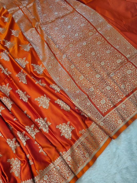 Banarasi Dual-Tone Orange & Red Mashru Silk Saree with Silver Zari Booti and Floral Border
