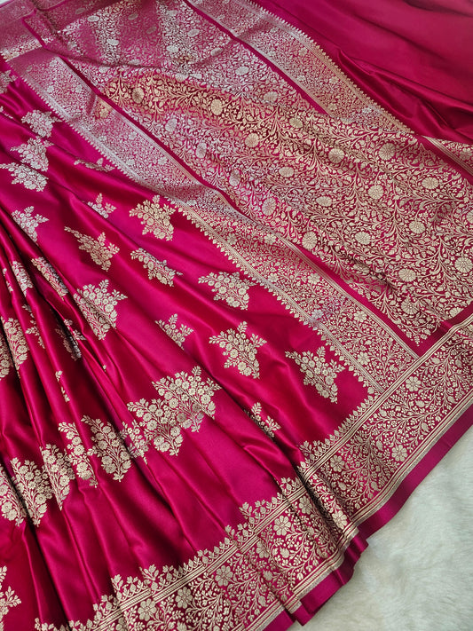 Banarasi Rani Pink Pure Banarasi Mashru Silk Saree with Silver Zari Floral Weaving