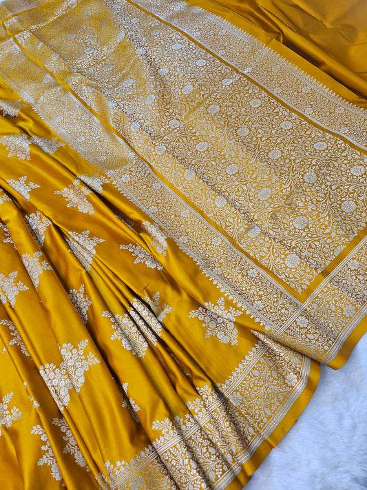 Banarasi Musterd Yellow Mashru Silk Saree with Silver Zari Floral Weaving