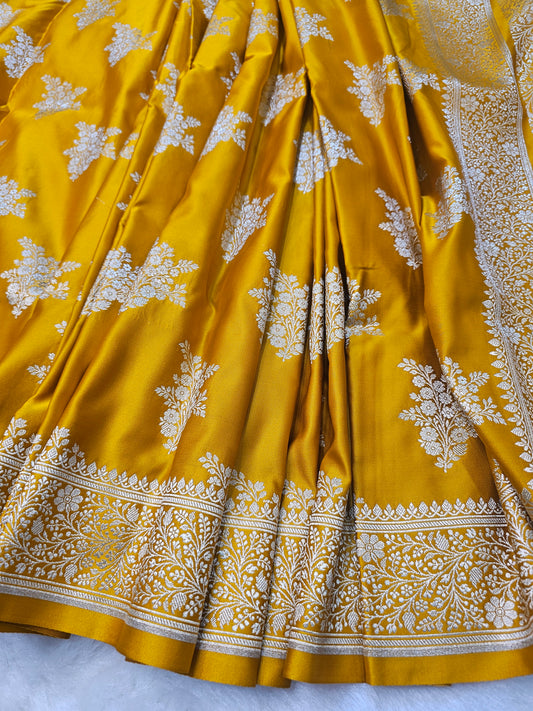 Banarasi Musterd Yellow Mashru Silk Saree with Silver Zari Floral Weaving