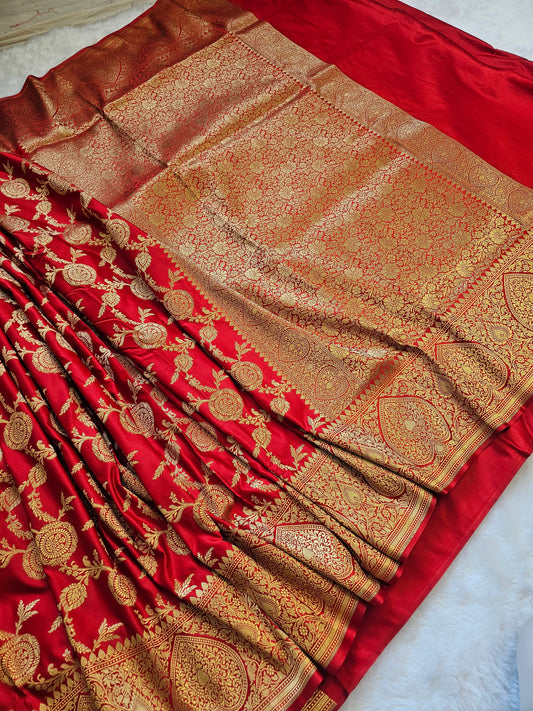 Banarasi Royal Red Mashru Silk Saree with Antique Gold Floral Buttas & Traditional Paisley Border