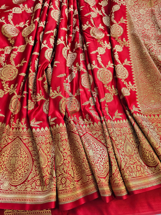 Banarasi Royal Red Mashru Silk Saree with Antique Gold Floral Buttas & Traditional Paisley Border