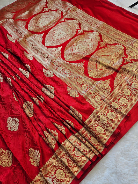 Banarasi Royal Red Mashru Silk Saree with Gold Zari Floral Buttas & Grand Paisley Pallu