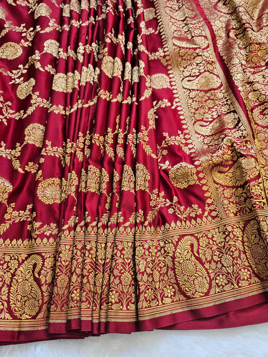 Banarasi Wine Maroon Mashru Silk Saree with Antique Gold Floral Jaal & Peacock Zari Border