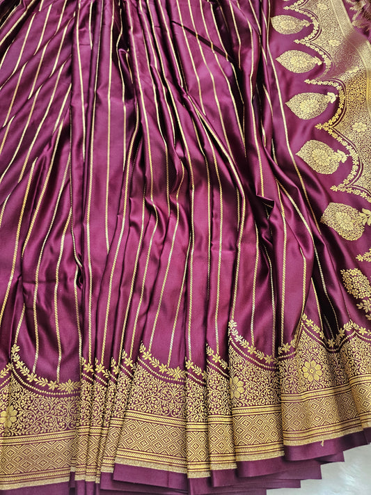 Banarasi Wine Purple Premium Mashru Silk Saree with Antique Gold Zari Stripes & Grand Banarasi Paisley Pallu