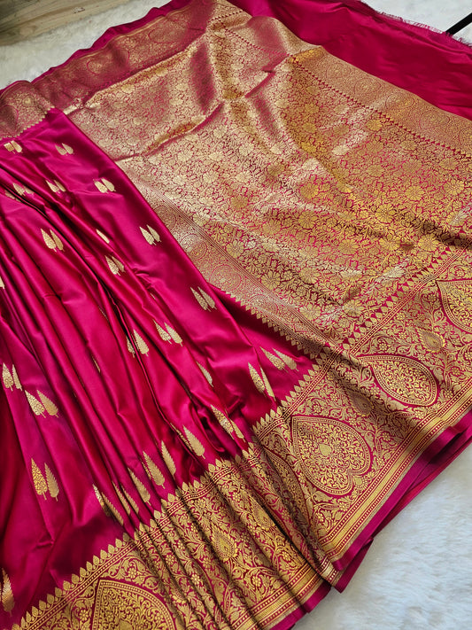 Banarasi Royal Crimson Rani Mashru Silk Saree with Gold Zari Buttas & Grand Paisley Border