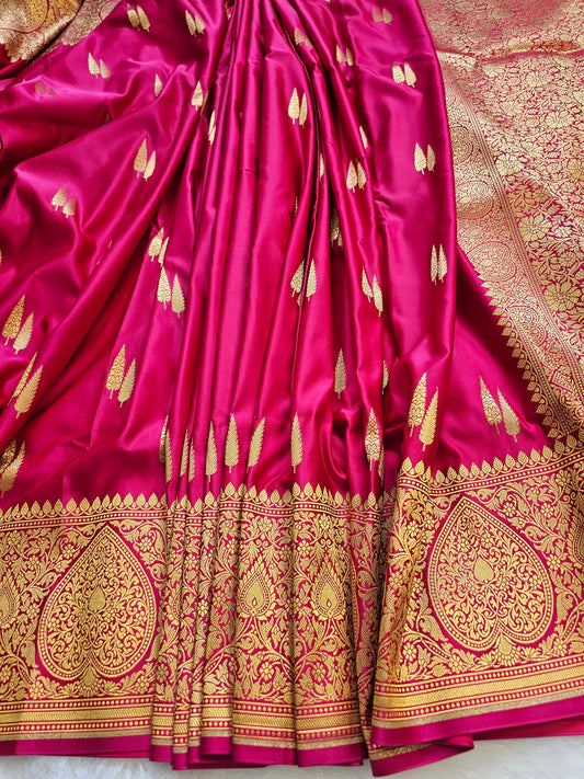 Banarasi Royal Crimson Rani Mashru Silk Saree with Gold Zari Buttas & Grand Paisley Border