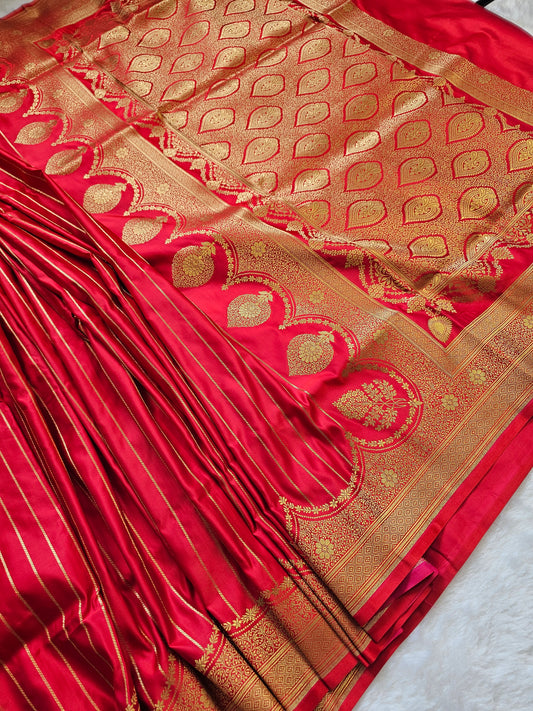 Banarasi Ruby Red Mashru Silk Saree with Gold Zari Stripes & Grand Paisley Woven Pallu