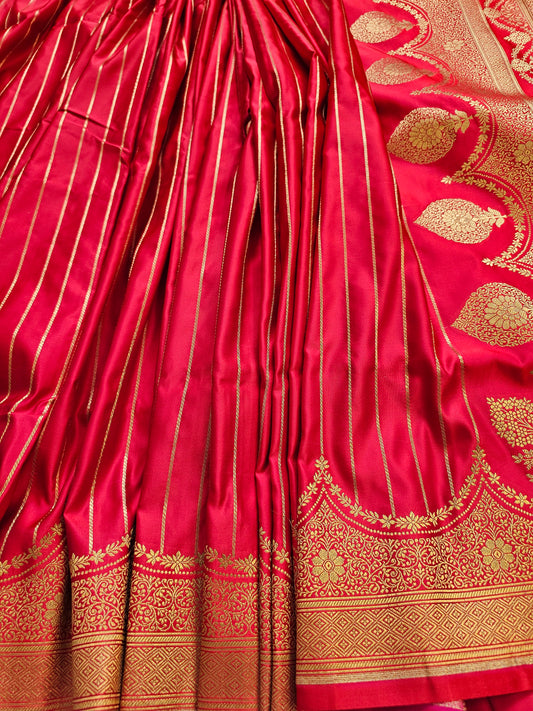 Banarasi Ruby Red Mashru Silk Saree with Gold Zari Stripes & Grand Paisley Woven Pallu
