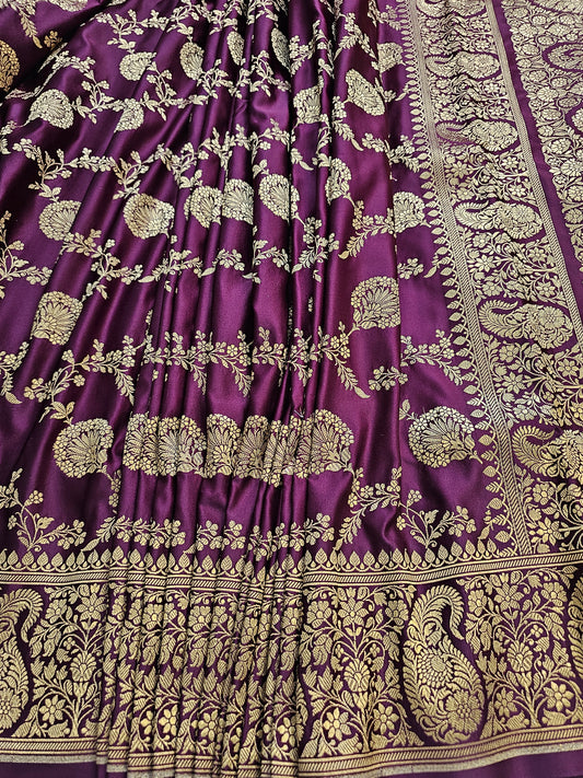 Banarasi Royal Purple Mashru Silk Saree with Antique Gold Floral Zari Weaving & Paisley Border