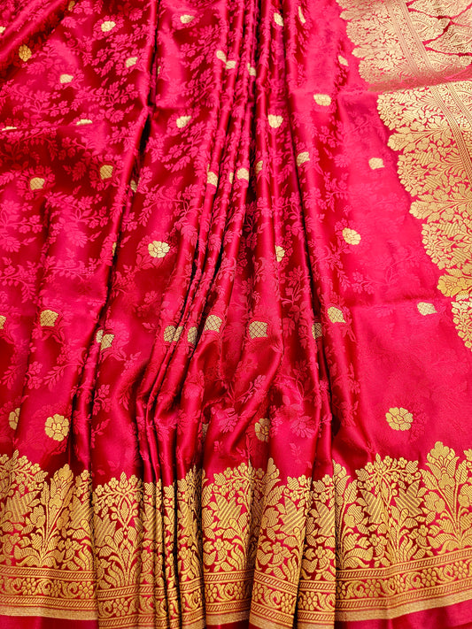 Banarasi Rani Pink Mashru Silk Saree with All-Over Gold Zari Paisley Jaal & Grand Floral Border