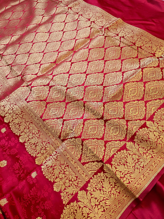 Banarasi Rani Pink Mashru Silk Saree with All-Over Gold Zari Paisley Jaal & Grand Floral Border