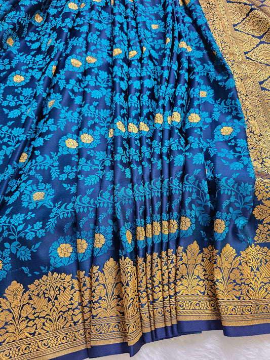 Baanarasi Royal Navy Blue Mashru Silk Saree with Turquoise Floral Weaving & Antique Gold Zari Border