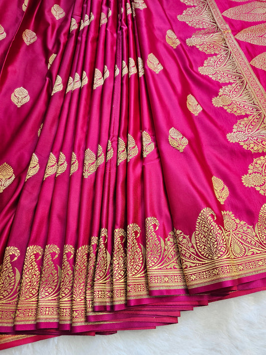 Banarasi Rani Pink Premium Mashru Silk Saree with Antique Gold Zari Paisley Pallu & Banarasi Floral Border