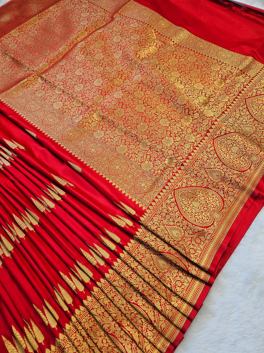 Banarasi Royal Red Mashru Silk Saree with Antique Gold Zari Buttas & Grand Banarasi Floral Jaal Pallu