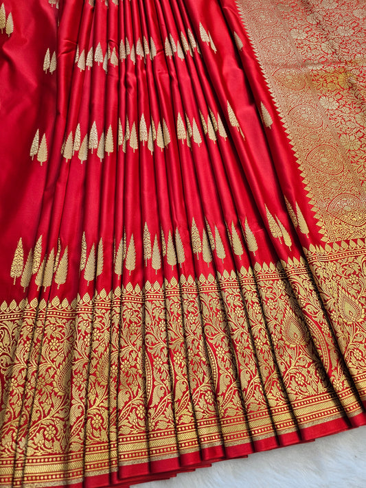 Banarasi Royal Red Mashru Silk Saree with Antique Gold Zari Buttas & Grand Banarasi Floral Jaal Pallu