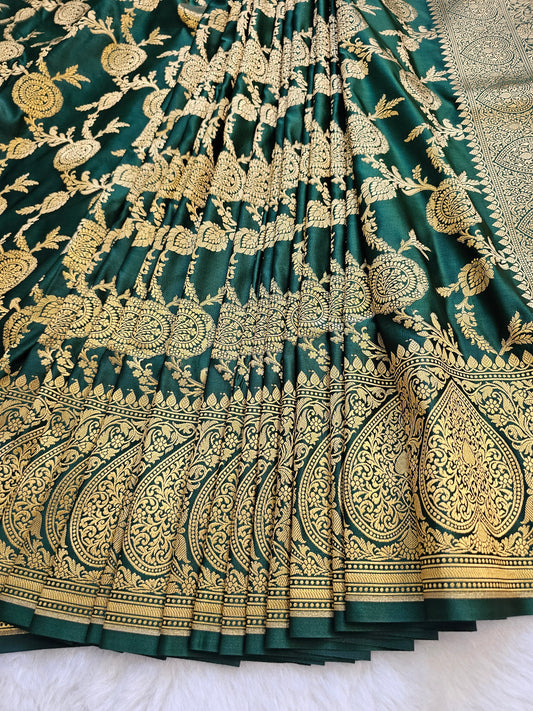 Banarasi Emerald Green Mashru Silk Saree with Antique Gold Zari Floral Weaving & Grand Paisley Border