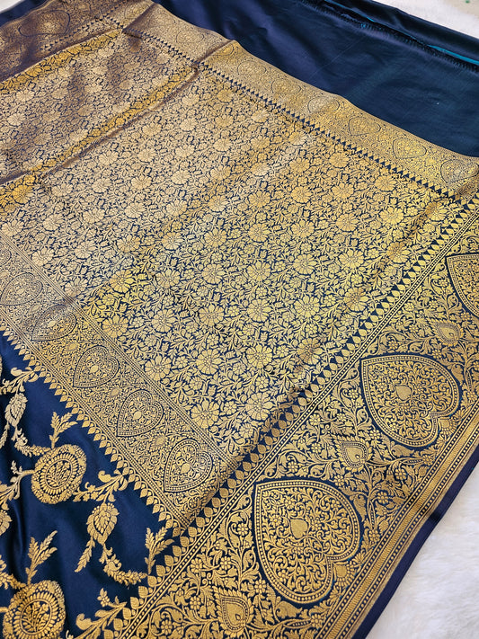 Banarasi Royal Navy Blue Mashru Silk Saree with Antique Gold Zari Floral Weaving & Grand Paisley Border