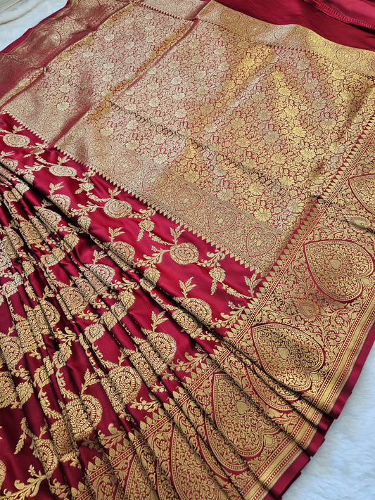 Banarasi Wine Maroon Mashru Silk Saree with Rich Gold Zari Floral Jaal & Grand Paisley Border