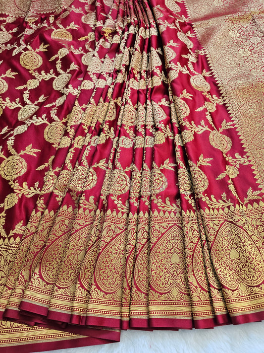 Banarasi Wine Maroon Mashru Silk Saree with Rich Gold Zari Floral Jaal & Grand Paisley Border