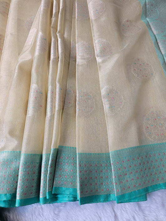 Banarasi Premium Tissue Silk Saree with Aqua Blue Contrast Border & Elegant Meena Buti Weaving